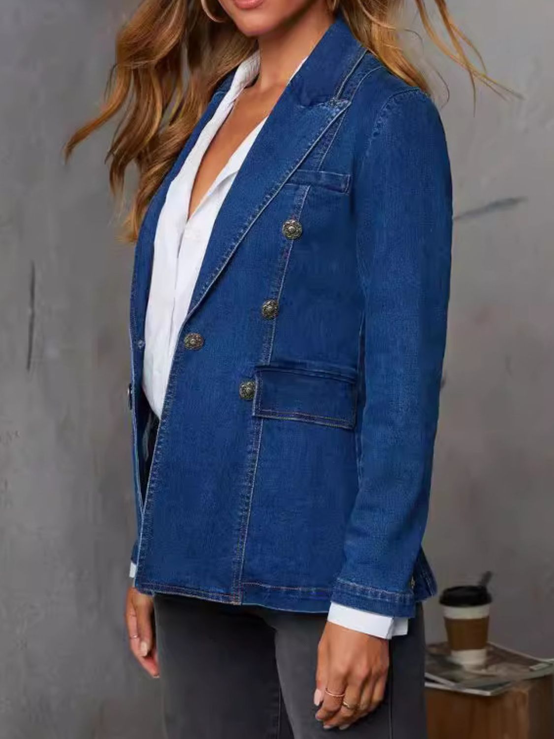 LIZAKOSHT  -  Collared Neck Long Sleeve Denim Jacket
