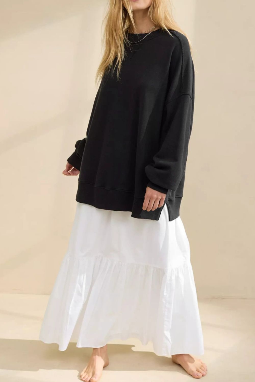 LIZAKOSHT  -  Side Slit Round Neck Long Sleeve Sweatshirt