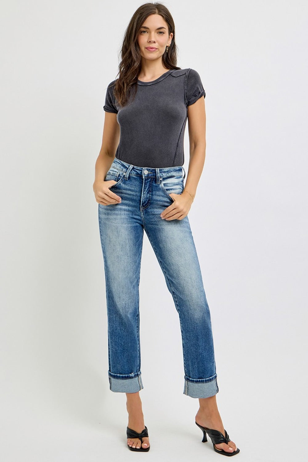 LIZAKOSHT  -  Full Size High Rise Crop Straight Roll Up Jeans