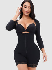 LIZAKOSHT  -  Full Size Zip Up Lace Detail Long Sleeve Shapewear