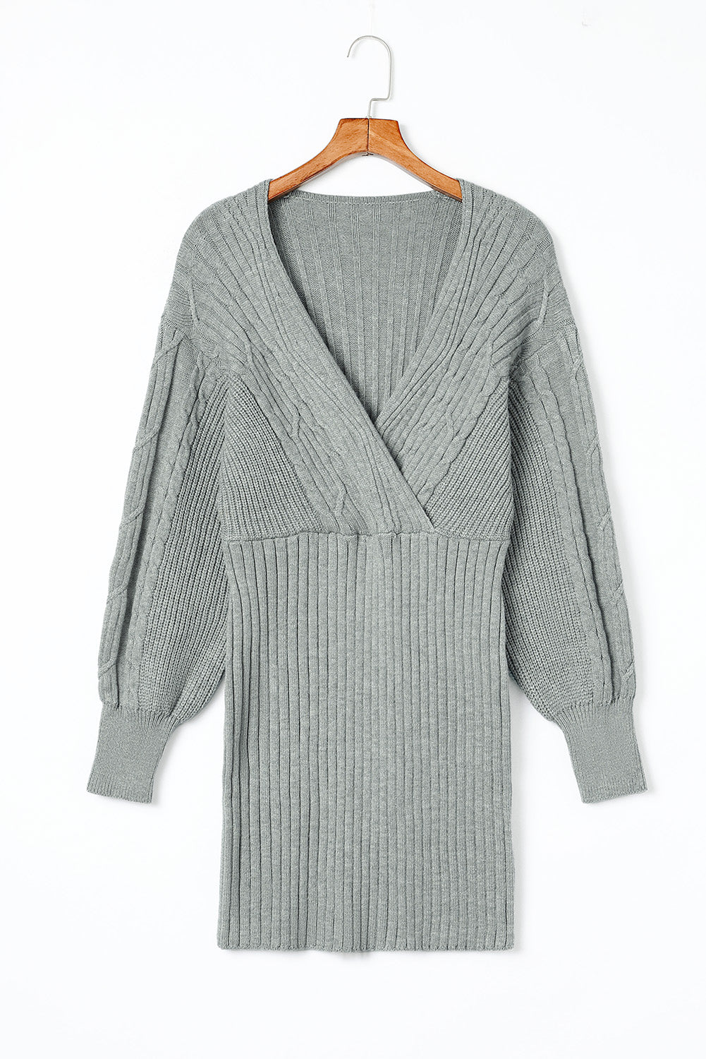 LIZAKOSHT  -  Cable-Knit Surplice Lantern Sleeve Sweater Dress