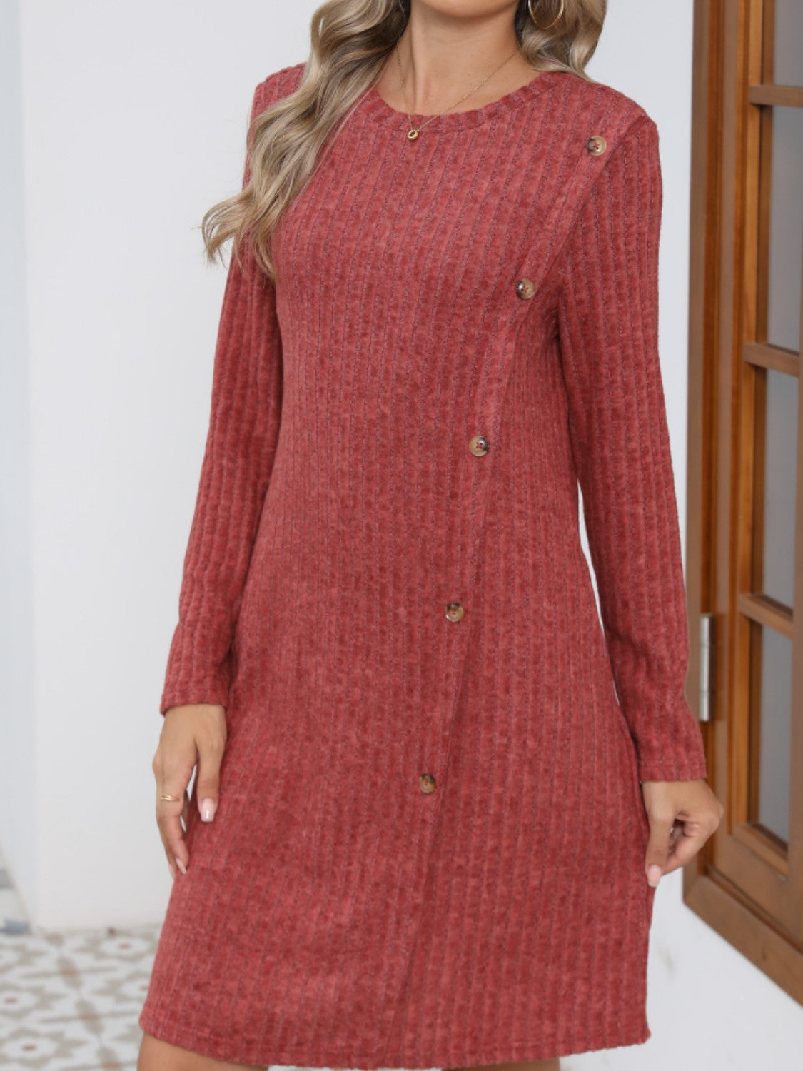 LIZAKOSHT  -  Decorative Button Round Neck Long Sleeve Dress