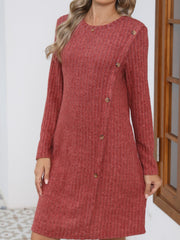 LIZAKOSHT  -  Decorative Button Round Neck Long Sleeve Dress