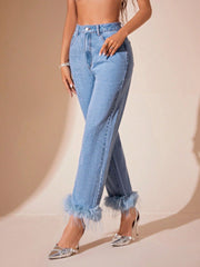 LIZAKOSHT  -  Plush Hem High Rise Straight Jeans