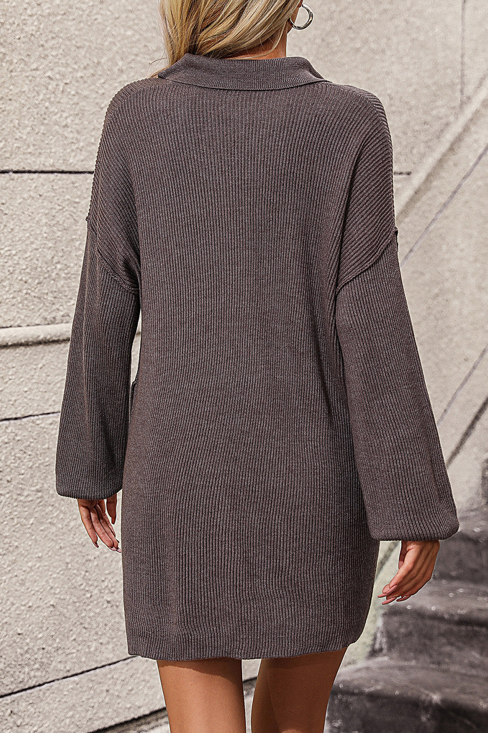 LIZAKOSHT  -  Collared Neck Long Sleeve Sweater Dress with Pockets
