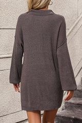 LIZAKOSHT  -  Collared Neck Long Sleeve Sweater Dress with Pockets