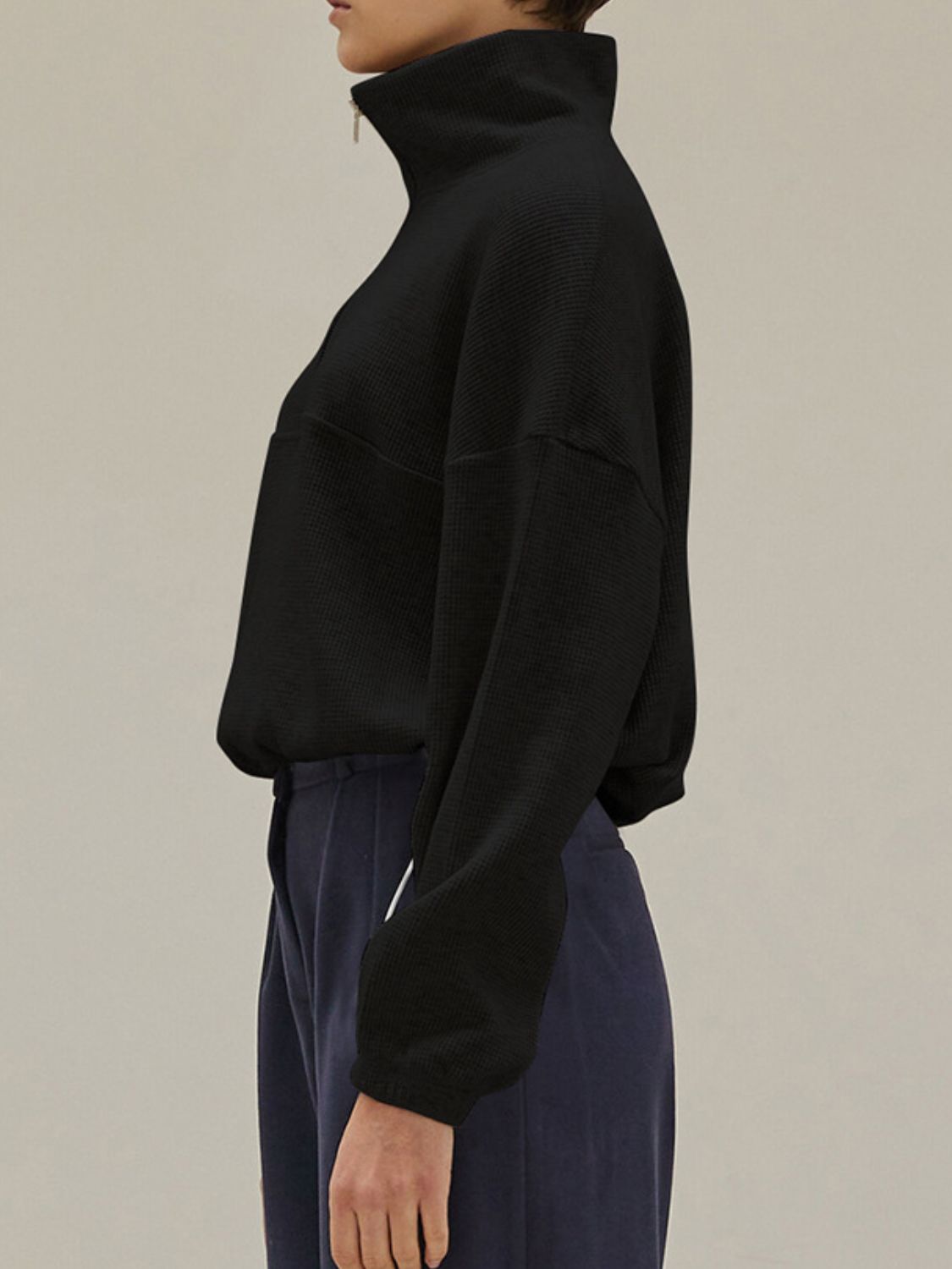 LIZAKOSHT  -  Waffle Knit Drawstring Half Zip Long Sleeve Sweatshirt