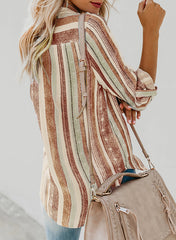 LIZAKOSHT  -  Striped Collared Neck Long Sleeve Shirt