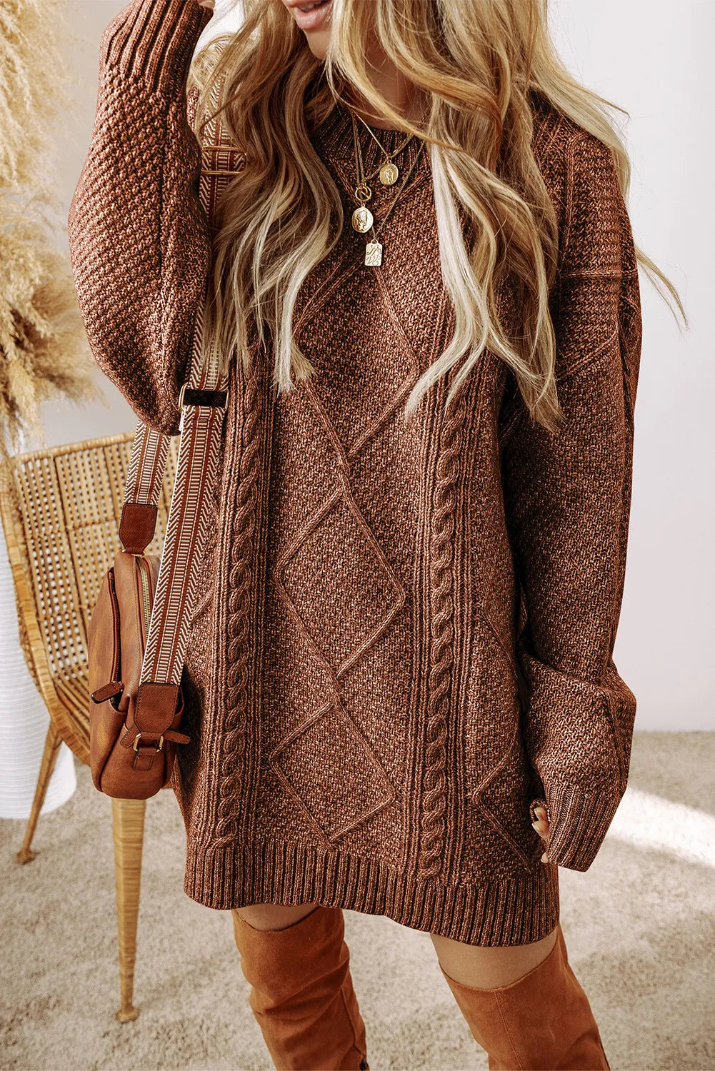 LIZAKOSHT  -  Cable-Knit Round Neck Sweater Dress