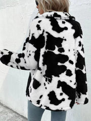 LIZAKOSHT  -  Cow Print Collared Neck Button Up Fuzzy Jacket