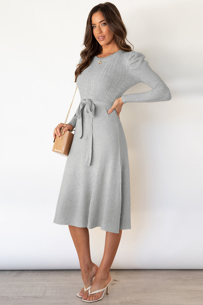 LIZAKOSHT  -  Round Neck Long Sleeve Tie Waist Sweater Dress