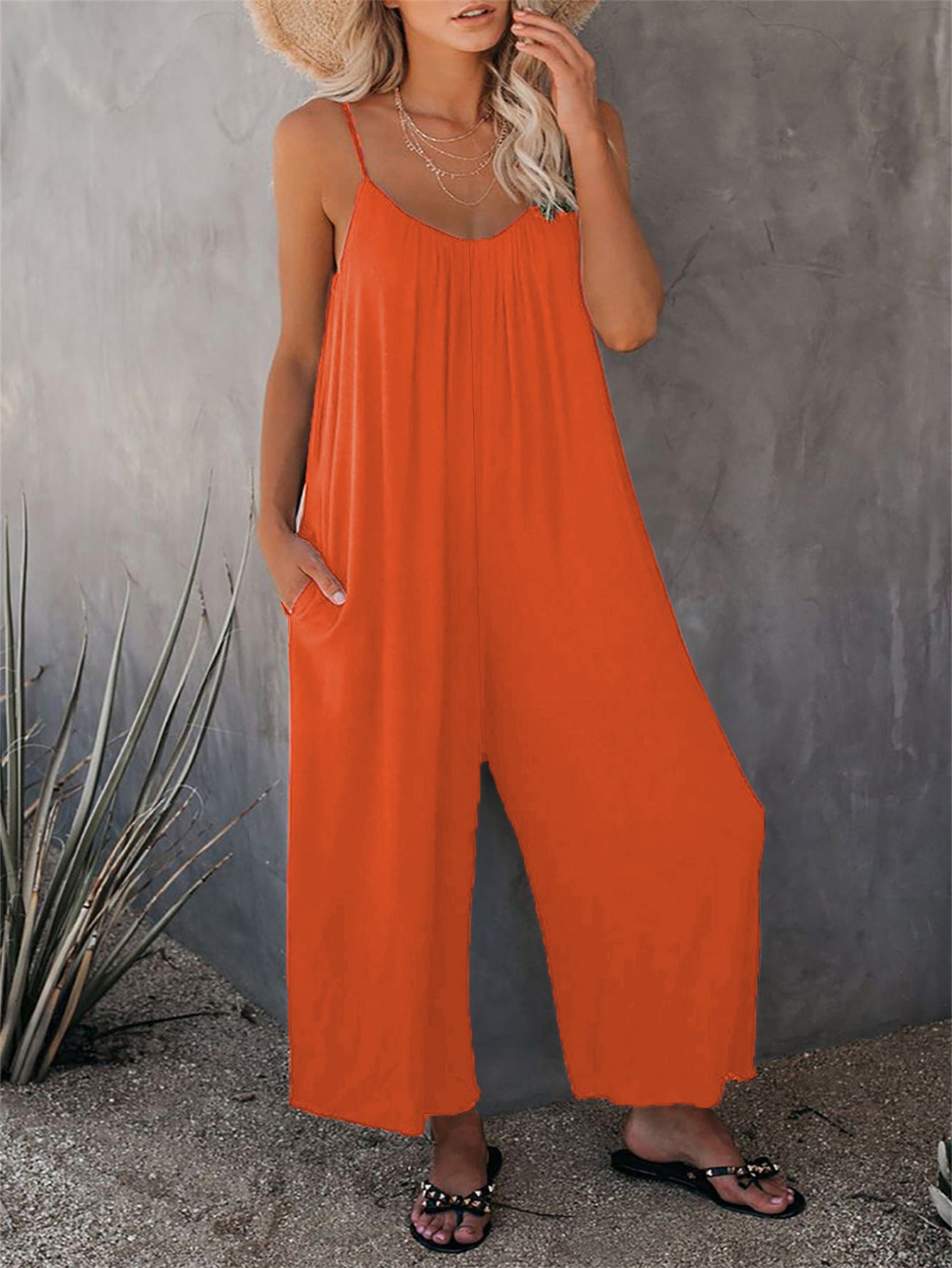 Women's Simple Adjustable Strap Sleeveless Wide Leg Jumpsuit with Pockets for Spring, Summer Clothes Women, Lady Breathable Solid Loose Cami Jumpsuit for Women, New Trendy Comfort Summer One-Piece, Matching Long Pants Playsuit, Womenswear Overalls