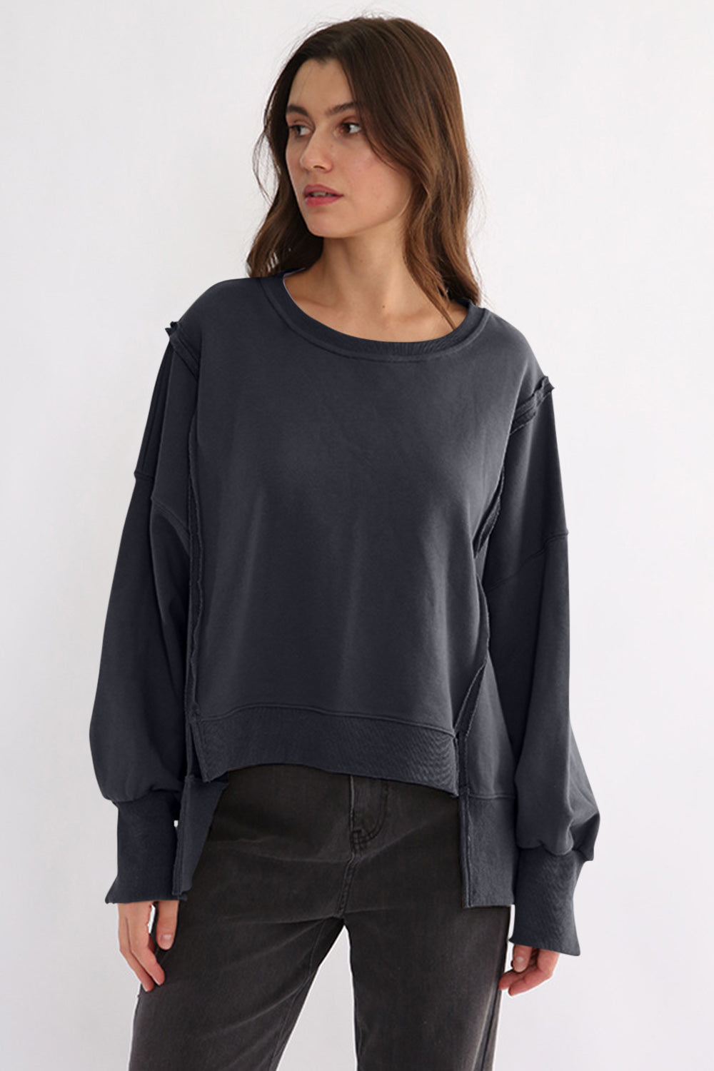 LIZAKOSHT  -  Exposed Seam High-Low Long Sleeve Sweatshirt