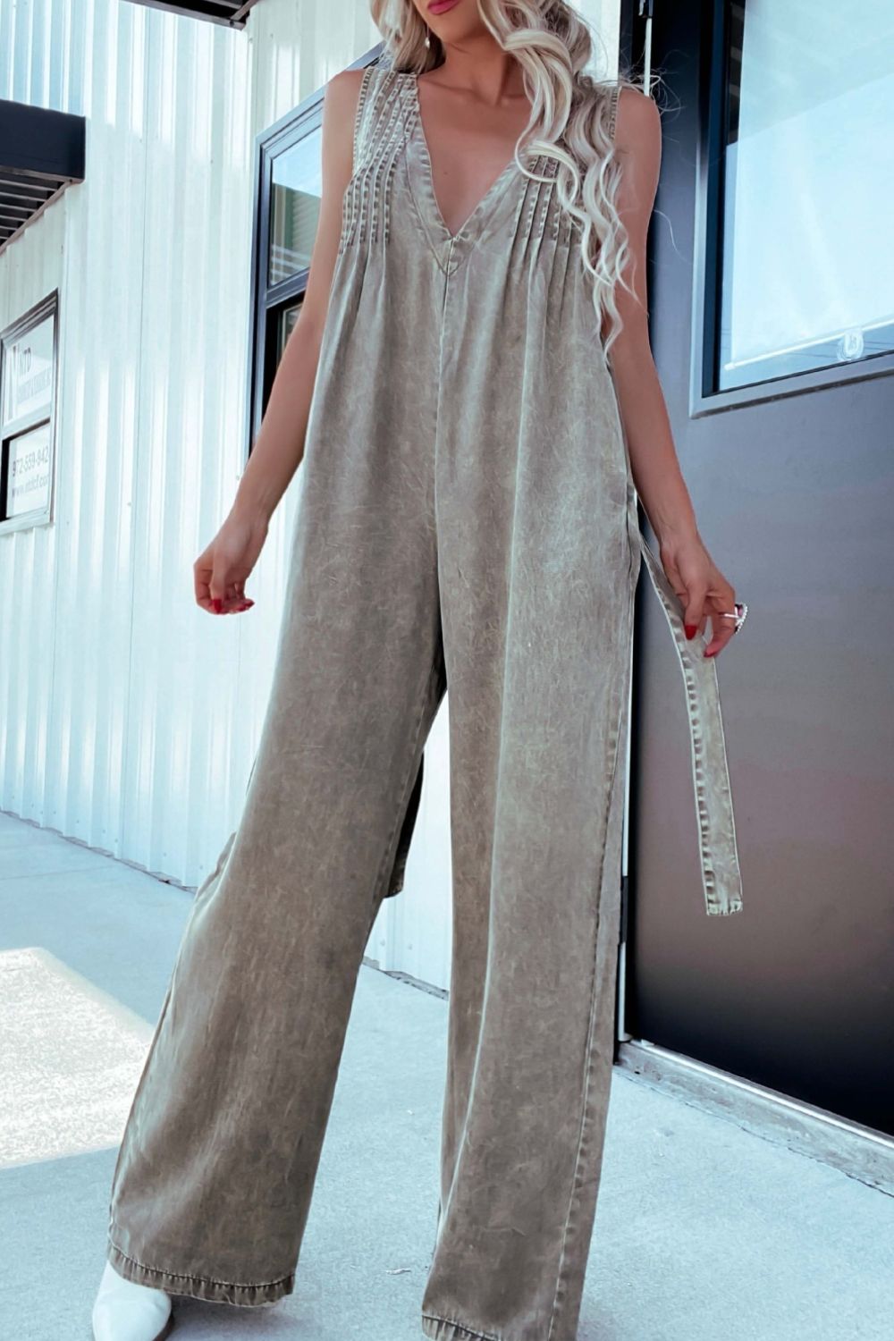 LIZAKOSHT  -  V-Neck Wide Leg Denim Jumpsuit