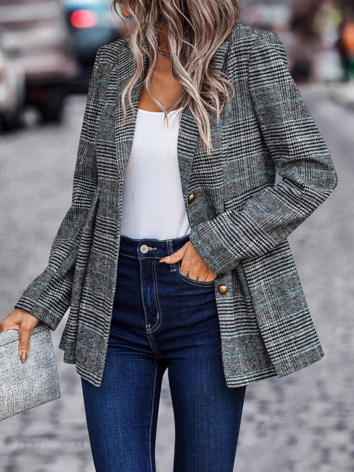 LIZAKOSHT  -  Plaid Button Up Lapel Collar Blazer