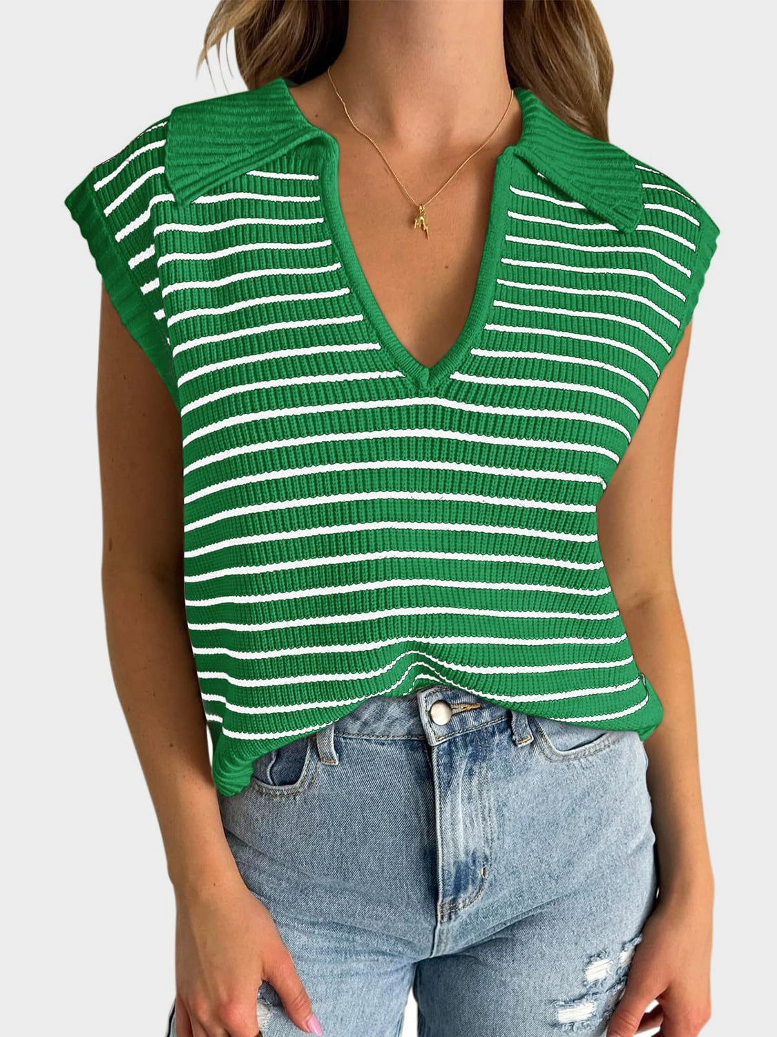 LIZAKOSHT  -  Mandy Collared Neck Striped Sweater Vest