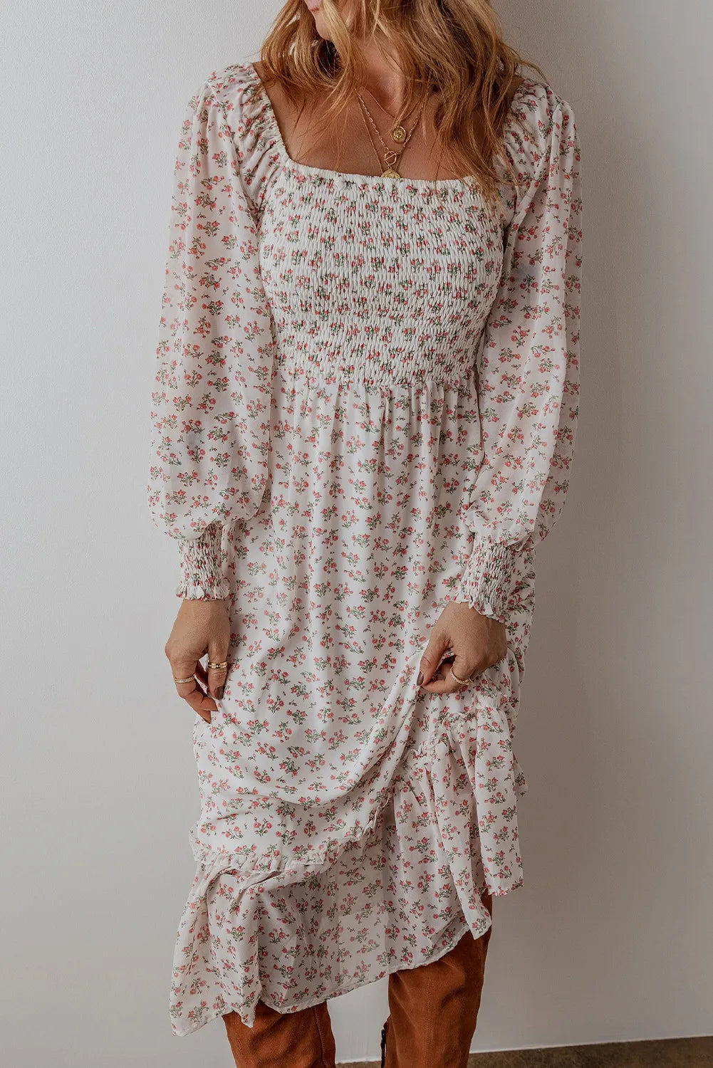 LIZAKOSHT  -  Smocked Floral Square Neck Long Sleeve Midi Dress