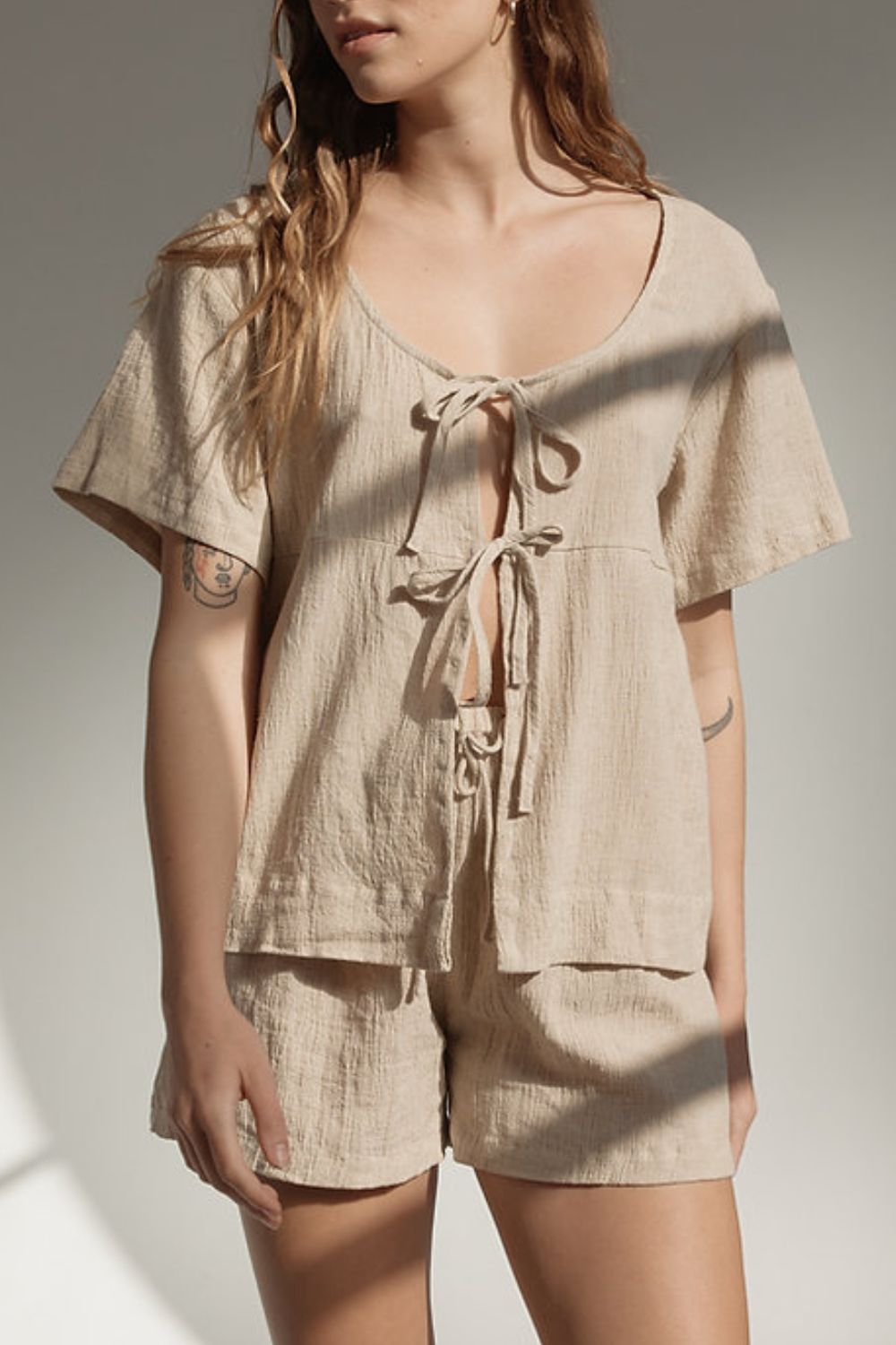 LIZAKOSHT  -  Plaid Tied Scoop Neck Short Sleeve Top and Drawstring Shorts Set