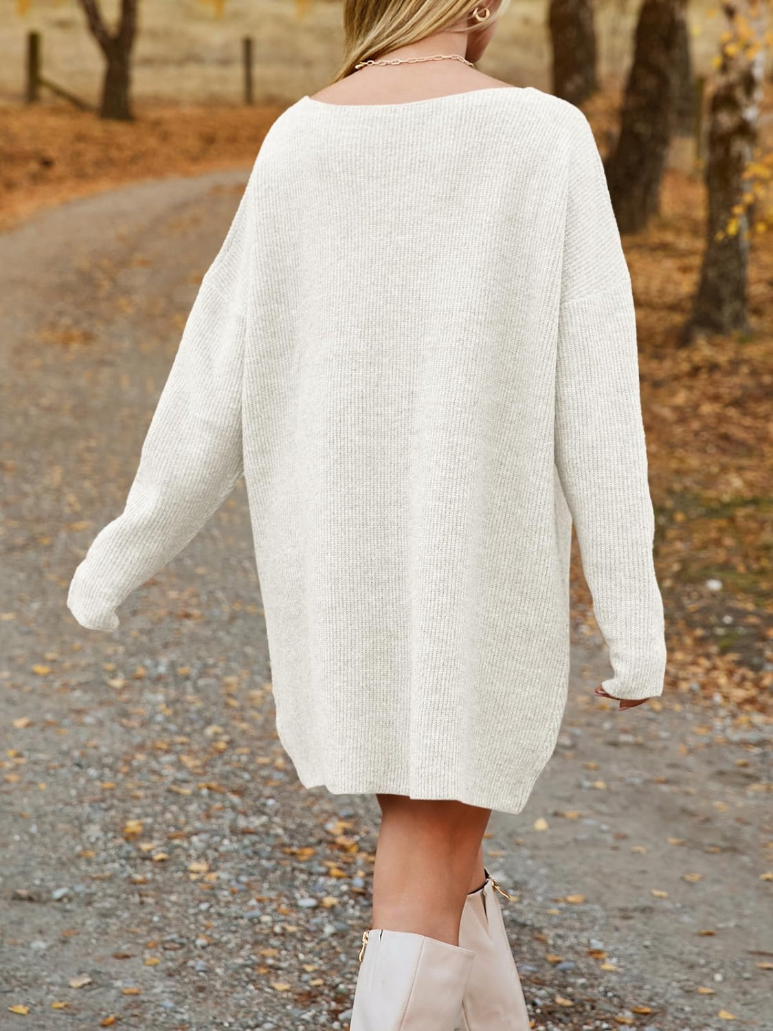 LIZAKOSHT  -  V-Neck Dropped Shoulder Sweater Dress