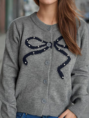 LIZAKOSHT  -  Bow Button Down Round Neck Cardigan