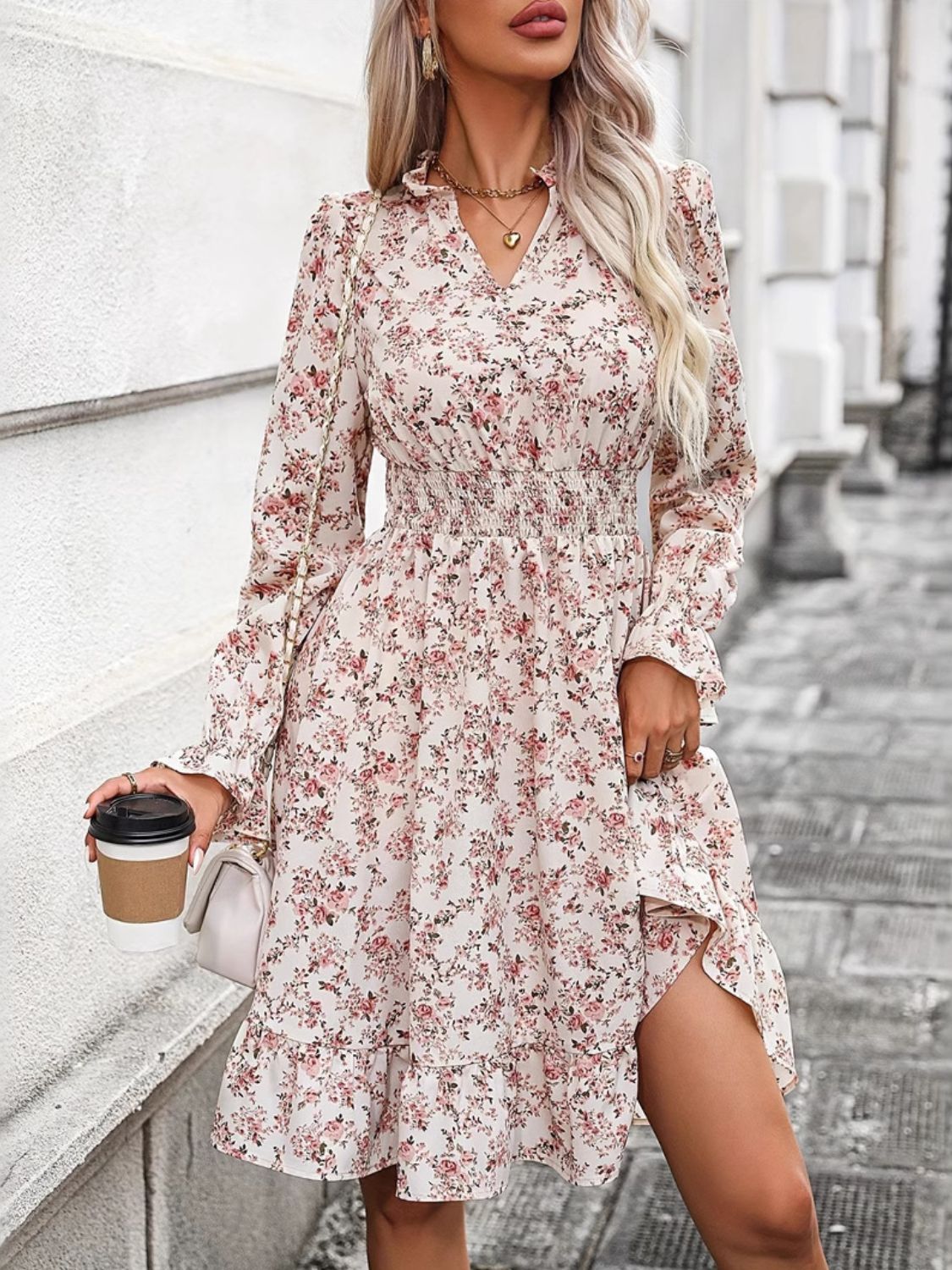 LIZAKOSHT  -  Ruffle Hem Floral Surplice Long Sleeve Dress