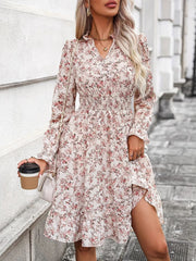 LIZAKOSHT  -  Ruffle Hem Floral Surplice Long Sleeve Dress