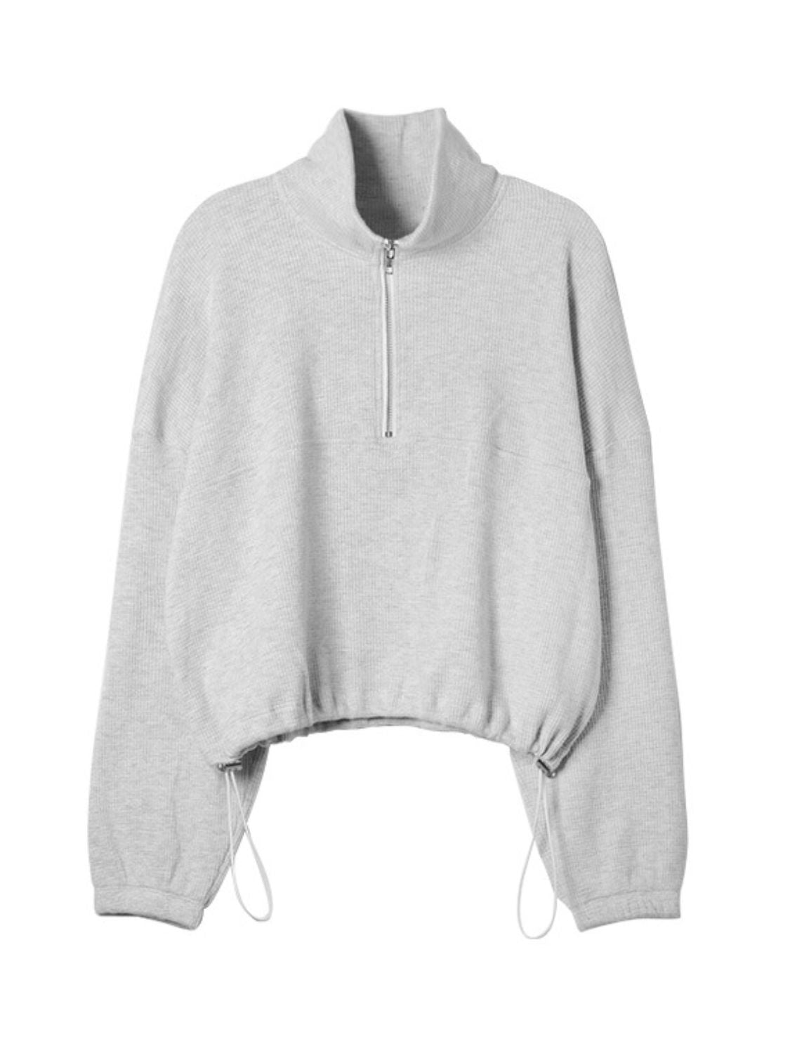 LIZAKOSHT  -  Waffle Knit Drawstring Half Zip Long Sleeve Sweatshirt