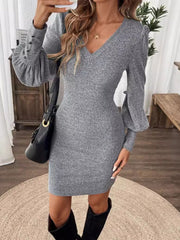 LIZAKOSHT  -  V-Neck Lantern Sleeve Dress