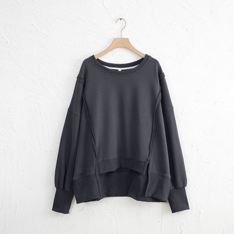 LIZAKOSHT  -  Exposed Seam High-Low Long Sleeve Sweatshirt
