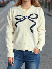 LIZAKOSHT  -  Bow Button Down Round Neck Cardigan