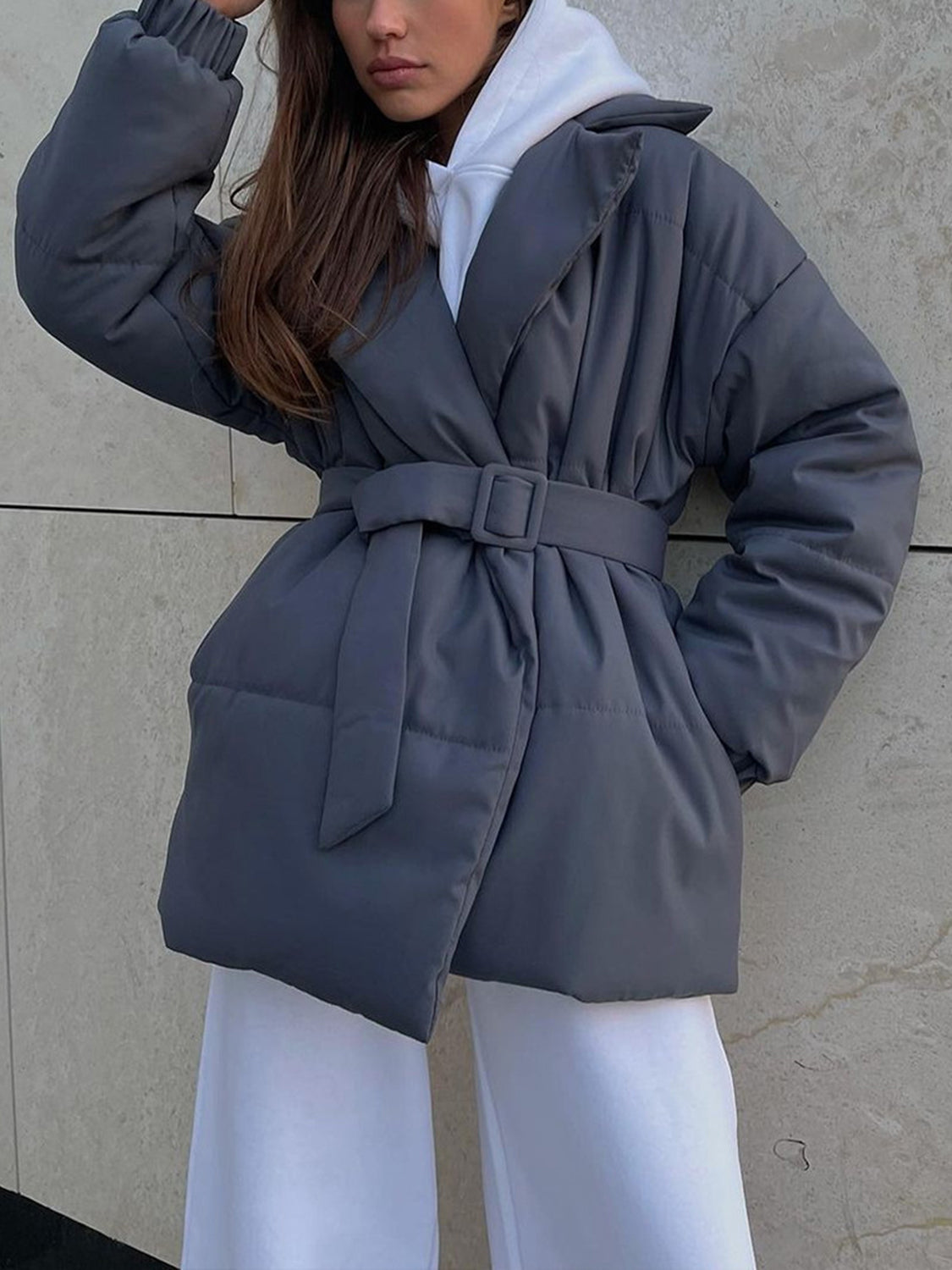 LIZAKOSHT  -  Puffer Long Sleeve Winter Coat with Belt