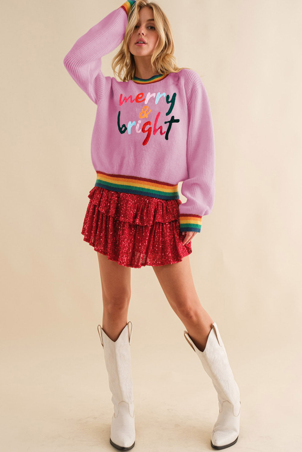 LIZAKOSHT  -  MERRY & BRIGHT Ribbed Round Neck Sweater