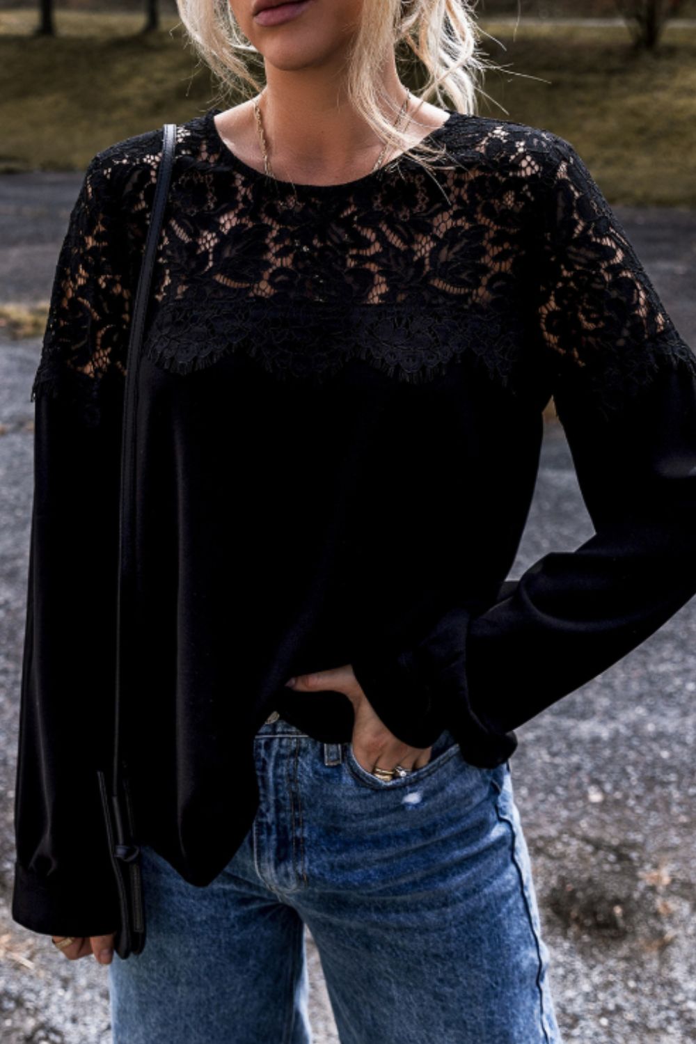 LIZAKOSHT  -  Lace Detail Round Neck Long Sleeve Blouse