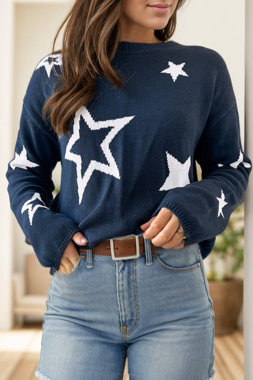 LIZAKOSHT  -  Star Round Neck Long Sleeve Sweater