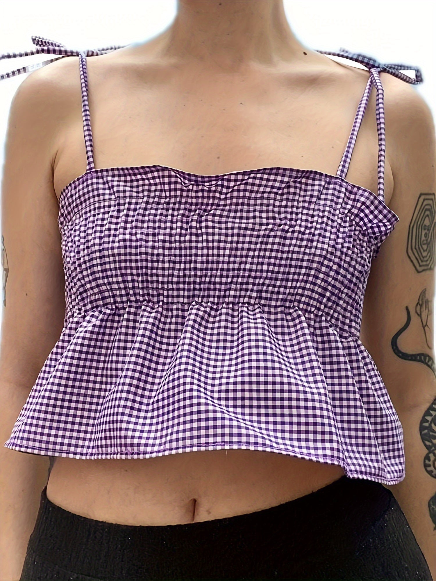 LIZAKOSHT  -  Y2K-Inspired Red & White Gingham Print Crop Camisole for Women - Sleeveless Tie-Strap Top with Ruffled Hem, Casual Streetwear & Clubwear, Machine Washable Polyester, Club Fashion Top | Offshoulder Camisole | Pol