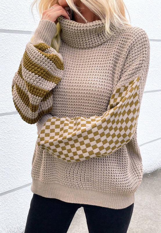 LIZAKOSHT  -  Striped & Checkered Turtleneck Dropped Shoulder Sweater
