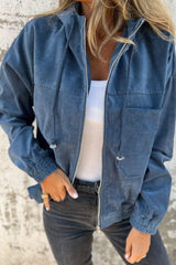 LIZAKOSHT  -  Pocketed Zip Up Long Sleeve Hooded Jacket