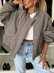 LIZAKOSHT  -  Baseball Collar Snap Down Long Sleeve Jacket