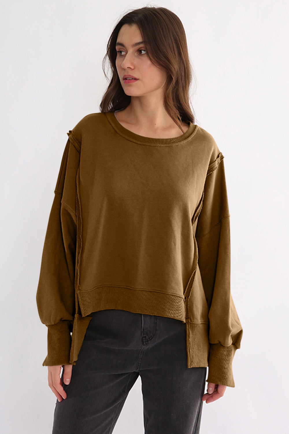 LIZAKOSHT  -  Exposed Seam High-Low Long Sleeve Sweatshirt
