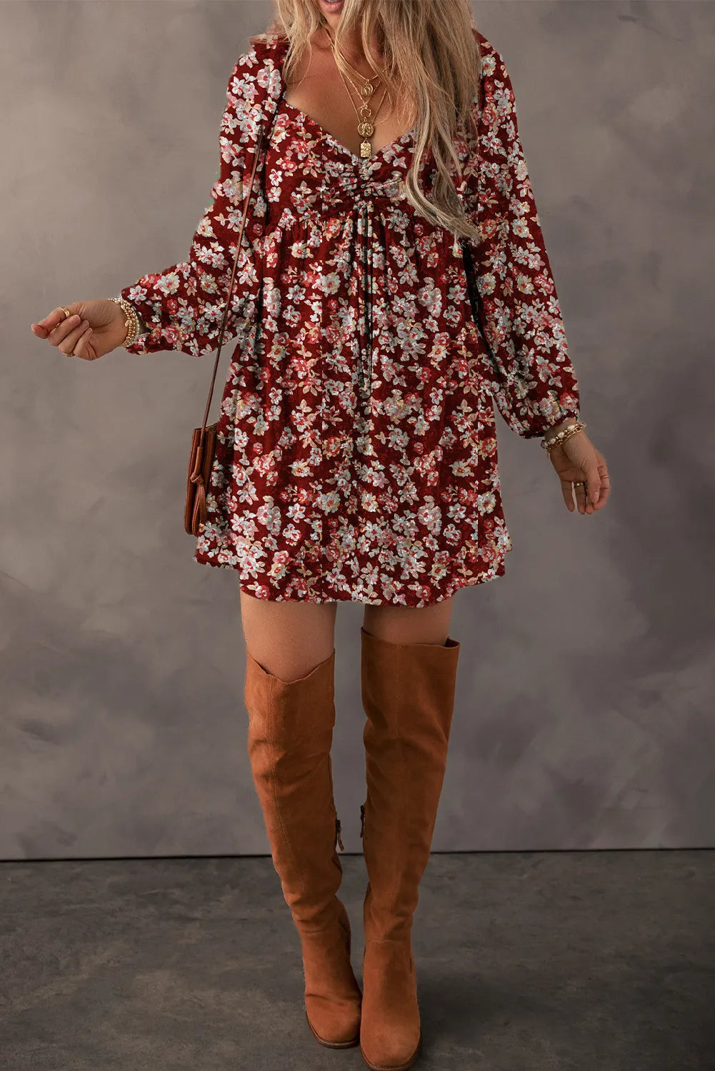 LIZAKOSHT  -  Ruched Printed Long Sleeve Mini Dress
