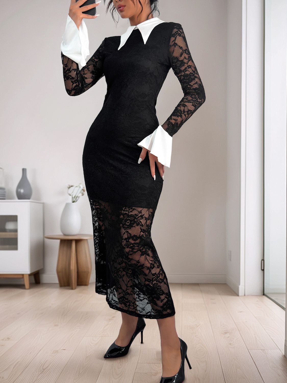 LIZAKOSHT  -  Perfee Lace Contrast Collared Neck Long Sleeve Midi Dress