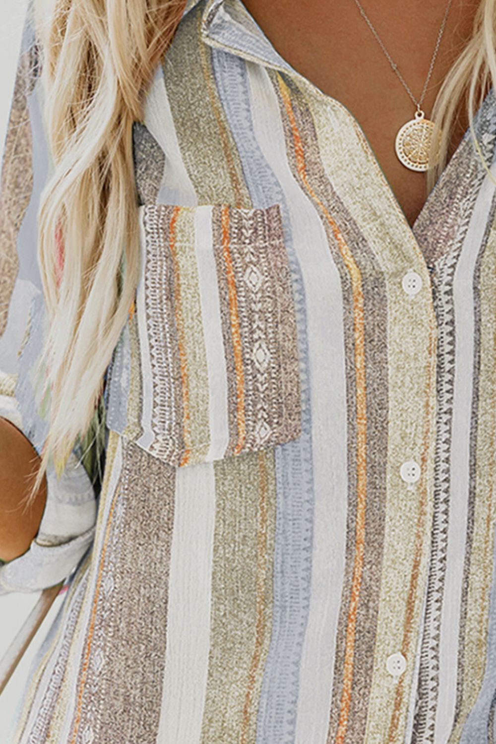 LIZAKOSHT  -  Striped Collared Neck Long Sleeve Shirt