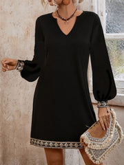 LIZAKOSHT  -  Embroidered Notched Long Sleeve Mini Dress