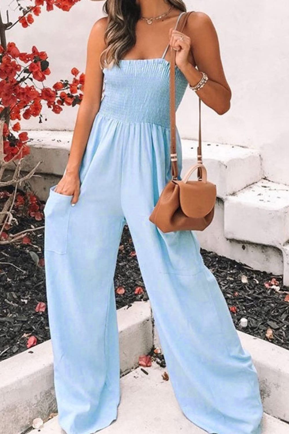 LIZAKOSHT  -  Smocked Spaghetti Strap Wide Leg Jumpsuit