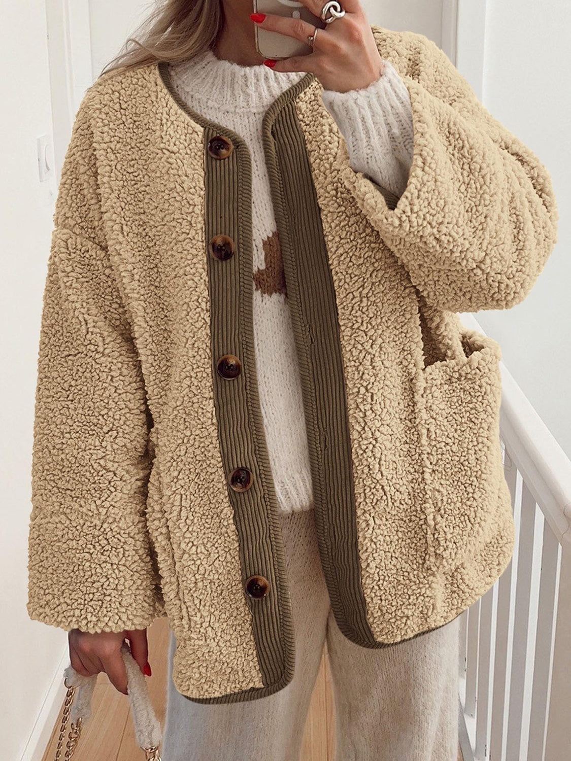 LIZAKOSHT  -  Contrast Button Up Sherpa Jacket with Pockets