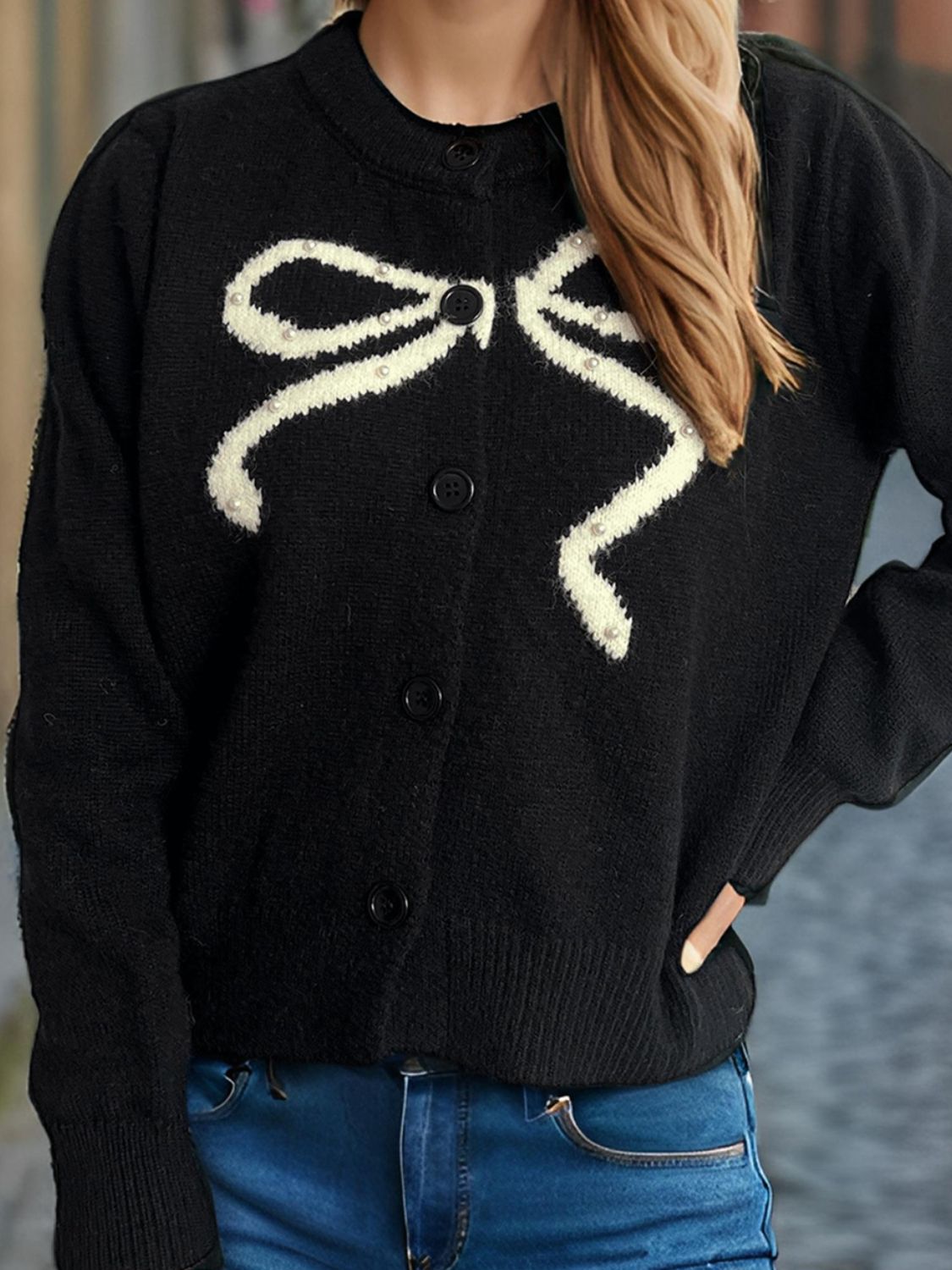 LIZAKOSHT  -  Bow Button Down Round Neck Cardigan