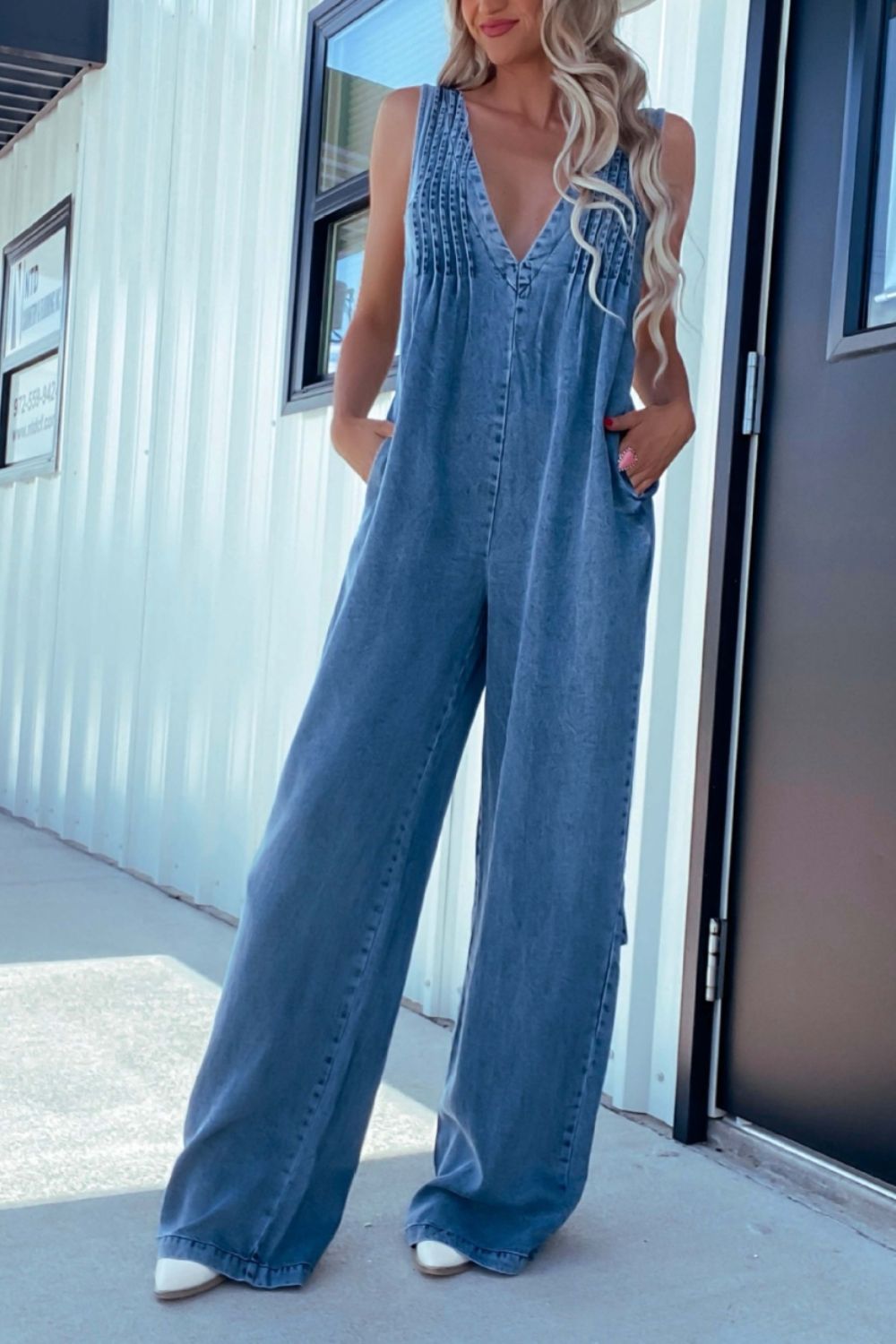 LIZAKOSHT  -  V-Neck Wide Leg Denim Jumpsuit