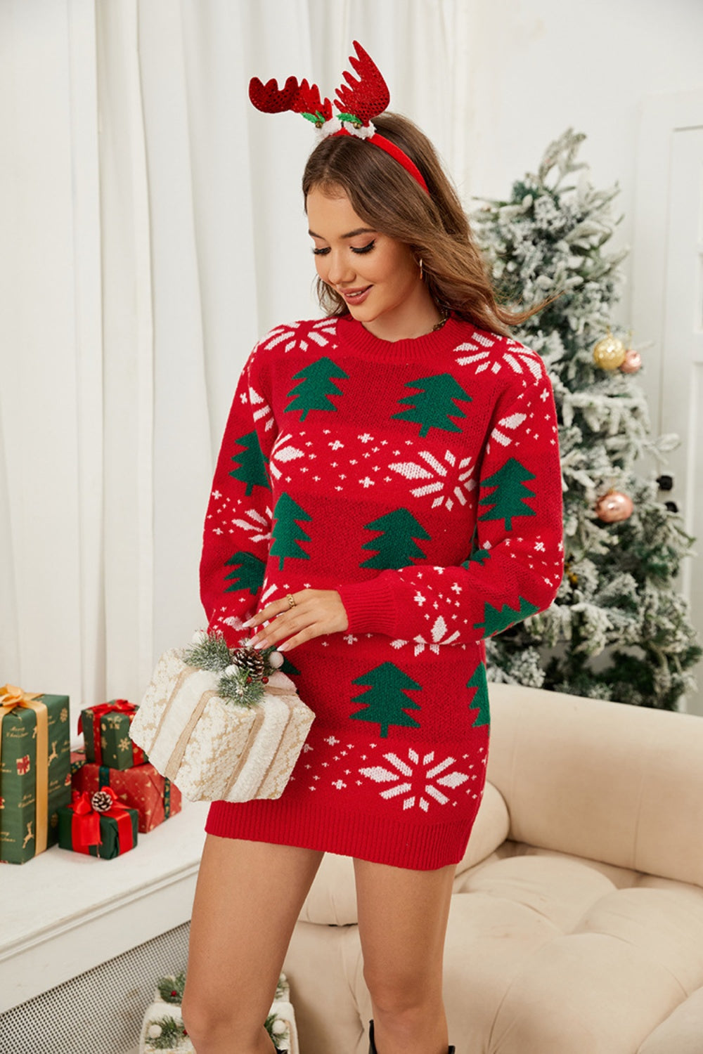 LIZAKOSHT  -  Christmas Tree Round Neck Sweater Dress