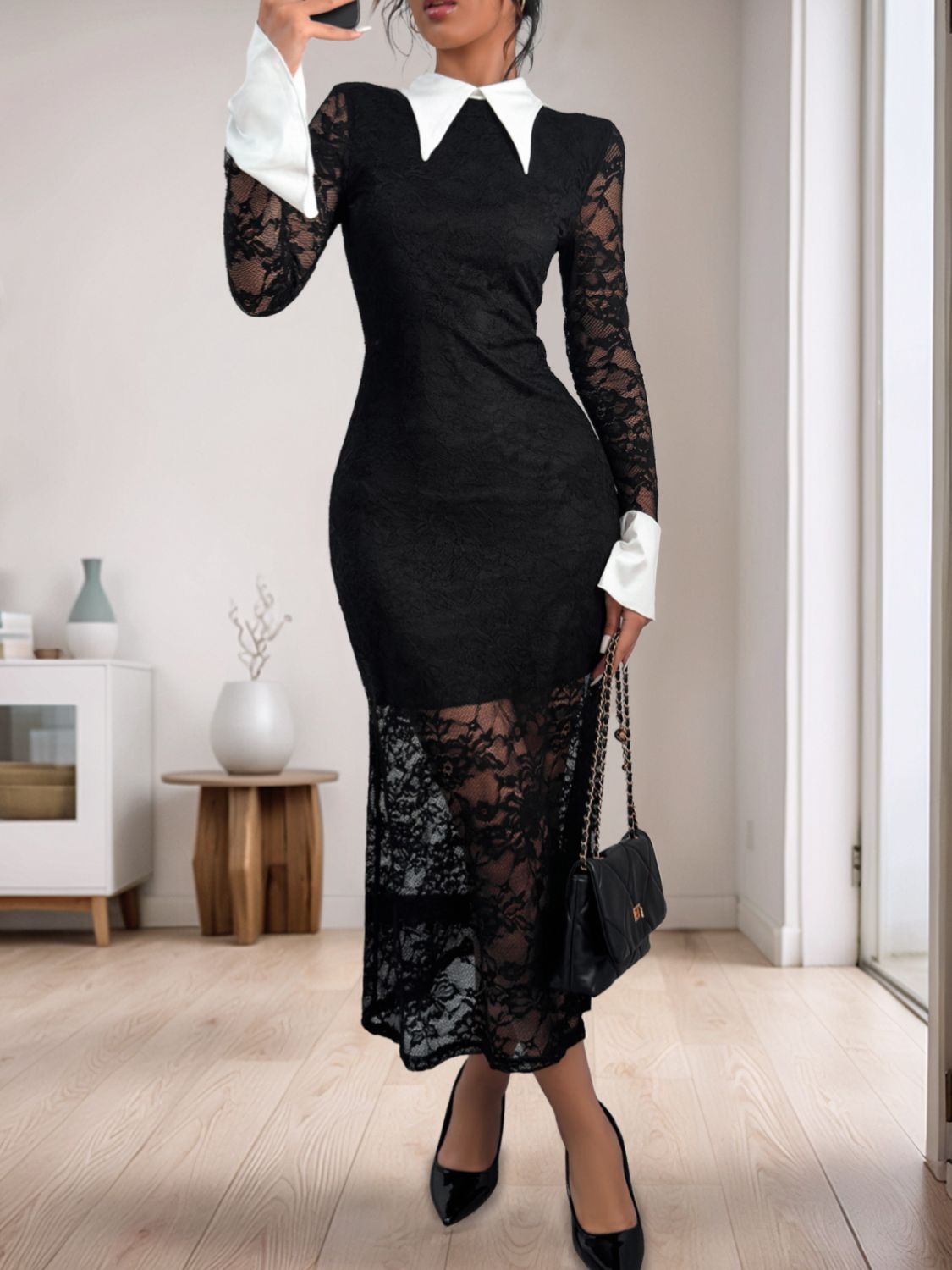 LIZAKOSHT  -  Perfee Lace Contrast Collared Neck Long Sleeve Midi Dress