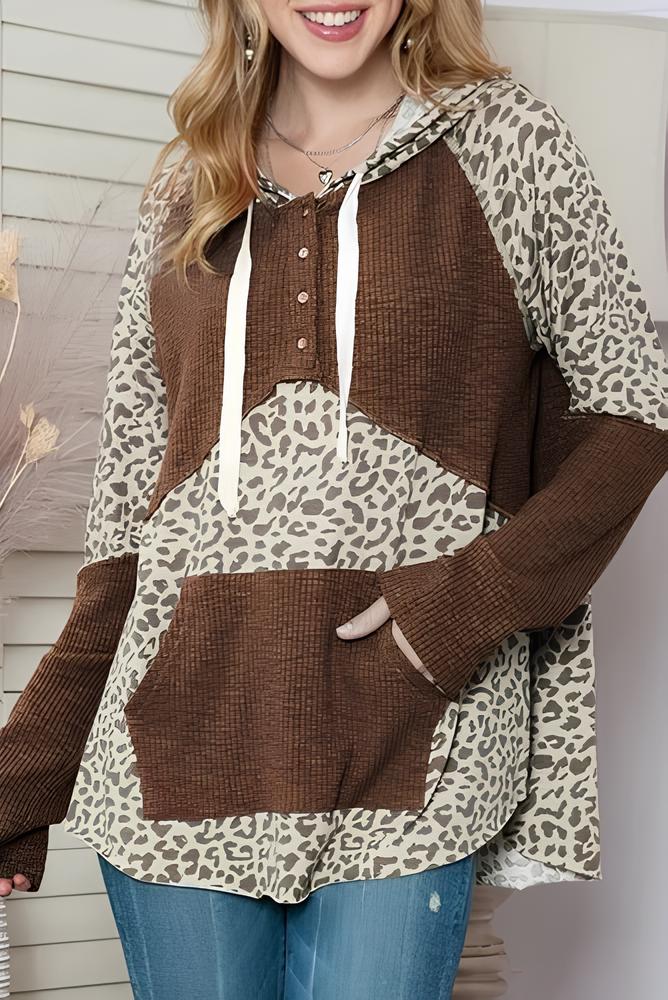 LIZAKOSHT  -  Leopard Ribbed Patchwork Drawstring Hoodie
